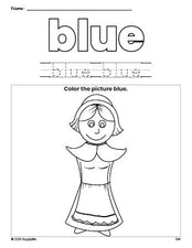 Free Thanksgiving pilgrim color blue coloring page and color worksheet, blue worksheet for preschoolers to learn colors, printable PDF