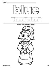 Free Thanksgiving pilgrim color blue coloring page and color worksheet, blue worksheet for preschoolers to learn colors, printable PDF