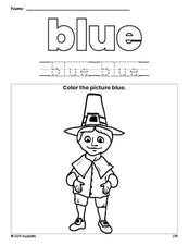 Free Thanksgiving pilgrim color blue coloring page and color worksheet, blue worksheet for preschoolers to learn colors, printable PDF