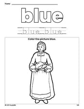 Free Thanksgiving pilgrim color blue coloring page and color worksheet, blue worksheet for preschoolers to learn colors, printable PDF