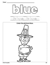 Free Thanksgiving pilgrim color blue coloring page and color worksheet, blue worksheet for preschoolers to learn colors, printable PDF