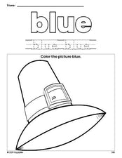 Free Thanksgiving pilgrim color blue coloring page and color worksheet, blue worksheet for preschoolers to learn colors, printable PDF