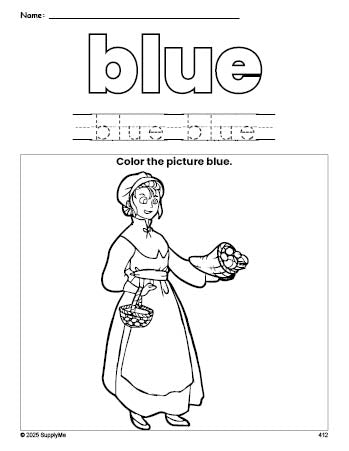 Free Thanksgiving pilgrim color blue coloring page and color worksheet, blue worksheet for preschoolers to learn colors, printable PDF