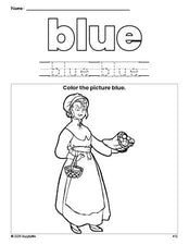 Free Thanksgiving pilgrim color blue coloring page and color worksheet, blue worksheet for preschoolers to learn colors, printable PDF