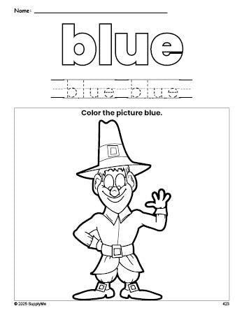 Free Thanksgiving pilgrim color blue coloring page and color worksheet, blue worksheet for preschoolers to learn colors, printable PDF