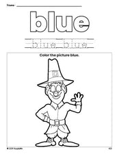 Free Thanksgiving pilgrim color blue coloring page and color worksheet, blue worksheet for preschoolers to learn colors, printable PDF