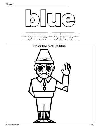 Free Thanksgiving pilgrim color blue coloring page and color worksheet, blue worksheet for preschoolers to learn colors, printable PDF