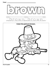 Free Thanksgiving pilgrim color brown coloring page and color worksheet, brown worksheet for preschoolers to learn colors, printable PDF