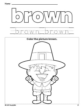 Free Thanksgiving pilgrim color brown coloring page and color worksheet, brown worksheet for preschoolers to learn colors, printable PDF