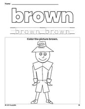 Free Thanksgiving pilgrim color brown coloring page and color worksheet, brown worksheet for preschoolers to learn colors, printable PDF