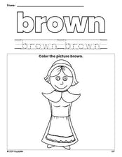 Free Thanksgiving pilgrim color brown coloring page and color worksheet, brown worksheet for preschoolers to learn colors, printable PDF