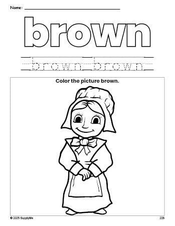 Free Thanksgiving pilgrim color brown coloring page and color worksheet, brown worksheet for preschoolers to learn colors, printable PDF