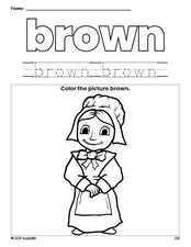 Free Thanksgiving pilgrim color brown coloring page and color worksheet, brown worksheet for preschoolers to learn colors, printable PDF