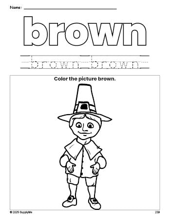 Free Thanksgiving pilgrim color brown coloring page and color worksheet, brown worksheet for preschoolers to learn colors, printable PDF