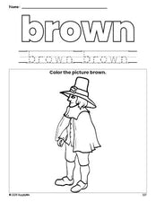 Free Thanksgiving pilgrim color brown coloring page and color worksheet, brown worksheet for preschoolers to learn colors, printable PDF