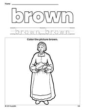 Free Thanksgiving pilgrim color brown coloring page and color worksheet, brown worksheet for preschoolers to learn colors, printable PDF