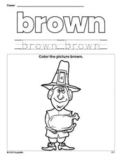 Free Thanksgiving pilgrim color brown coloring page and color worksheet, brown worksheet for preschoolers to learn colors, printable PDF