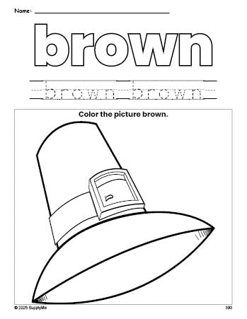 Free Thanksgiving pilgrim color brown coloring page and color worksheet, brown worksheet for preschoolers to learn colors, printable PDF