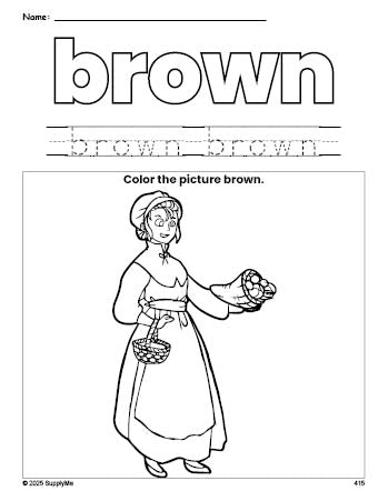 Free Thanksgiving pilgrim color brown coloring page and color worksheet, brown worksheet for preschoolers to learn colors, printable PDF