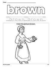 Free Thanksgiving pilgrim color brown coloring page and color worksheet, brown worksheet for preschoolers to learn colors, printable PDF