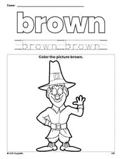 Free Thanksgiving pilgrim color brown coloring page and color worksheet, brown worksheet for preschoolers to learn colors, printable PDF