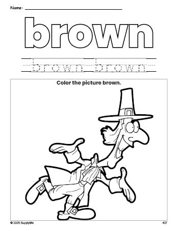 Free Thanksgiving pilgrim color brown coloring page and color worksheet, brown worksheet for preschoolers to learn colors, printable PDF