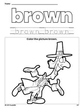 Free Thanksgiving pilgrim color brown coloring page and color worksheet, brown worksheet for preschoolers to learn colors, printable PDF