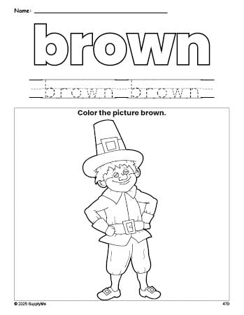 Free Thanksgiving pilgrim color brown coloring page and color worksheet, brown worksheet for preschoolers to learn colors, printable PDF