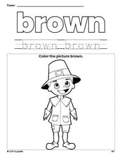 Free Thanksgiving pilgrim color brown coloring page and color worksheet, brown worksheet for preschoolers to learn colors, printable PDF