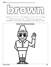 Free Thanksgiving pilgrim color brown coloring page and color worksheet, brown worksheet for preschoolers to learn colors, printable PDF