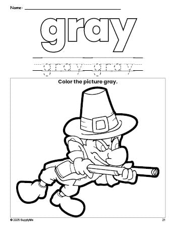 Free Thanksgiving pilgrim color gray coloring page and color worksheet, gray worksheet for preschoolers to learn colors, printable PDF