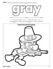 Free Thanksgiving pilgrim color gray coloring page and color worksheet, gray worksheet for preschoolers to learn colors, printable PDF