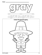 Free Thanksgiving pilgrim color gray coloring page and color worksheet, gray worksheet for preschoolers to learn colors, printable PDF