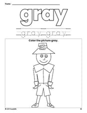 Free Thanksgiving pilgrim color gray coloring page and color worksheet, gray worksheet for preschoolers to learn colors, printable PDF