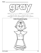 Free Thanksgiving pilgrim color gray coloring page and color worksheet, gray worksheet for preschoolers to learn colors, printable PDF