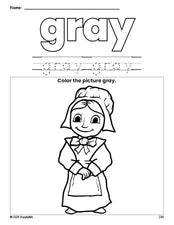 Free Thanksgiving pilgrim color gray coloring page and color worksheet, gray worksheet for preschoolers to learn colors, printable PDF