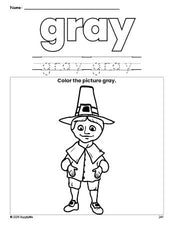 Free Thanksgiving pilgrim color gray coloring page and color worksheet, gray worksheet for preschoolers to learn colors, printable PDF