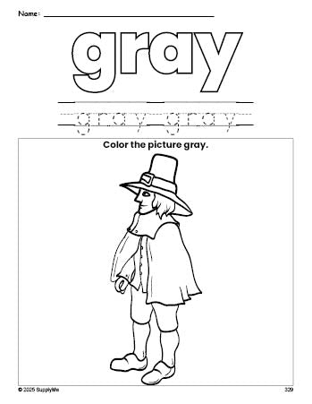 Free Thanksgiving pilgrim color gray coloring page and color worksheet, gray worksheet for preschoolers to learn colors, printable PDF