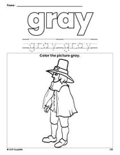 Free Thanksgiving pilgrim color gray coloring page and color worksheet, gray worksheet for preschoolers to learn colors, printable PDF