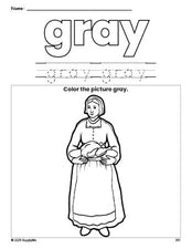 Free Thanksgiving pilgrim color gray coloring page and color worksheet, gray worksheet for preschoolers to learn colors, printable PDF