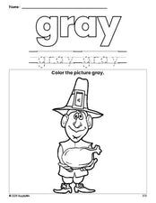 Free Thanksgiving pilgrim color gray coloring page and color worksheet, gray worksheet for preschoolers to learn colors, printable PDF