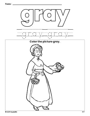 Free Thanksgiving pilgrim color gray coloring page and color worksheet, gray worksheet for preschoolers to learn colors, printable PDF