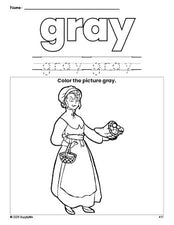 Free Thanksgiving pilgrim color gray coloring page and color worksheet, gray worksheet for preschoolers to learn colors, printable PDF