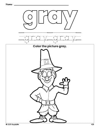 Free Thanksgiving pilgrim color gray coloring page and color worksheet, gray worksheet for preschoolers to learn colors, printable PDF