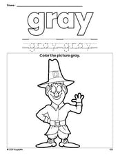 Free Thanksgiving pilgrim color gray coloring page and color worksheet, gray worksheet for preschoolers to learn colors, printable PDF