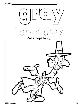 Free Thanksgiving pilgrim color gray coloring page and color worksheet, gray worksheet for preschoolers to learn colors, printable PDF