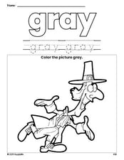 Free Thanksgiving pilgrim color gray coloring page and color worksheet, gray worksheet for preschoolers to learn colors, printable PDF