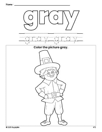 Free Thanksgiving pilgrim color gray coloring page and color worksheet, gray worksheet for preschoolers to learn colors, printable PDF