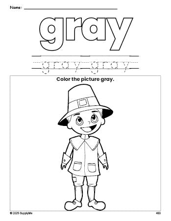 Free Thanksgiving pilgrim color gray coloring page and color worksheet, gray worksheet for preschoolers to learn colors, printable PDF