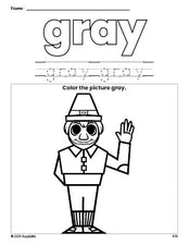 Free Thanksgiving pilgrim color gray coloring page and color worksheet, gray worksheet for preschoolers to learn colors, printable PDF